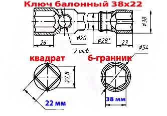 Ключ торцовый баллонный 38х квадрат 22, прямой, двусторонний для ГАЗ, ЗИЛ, ПАЗ.